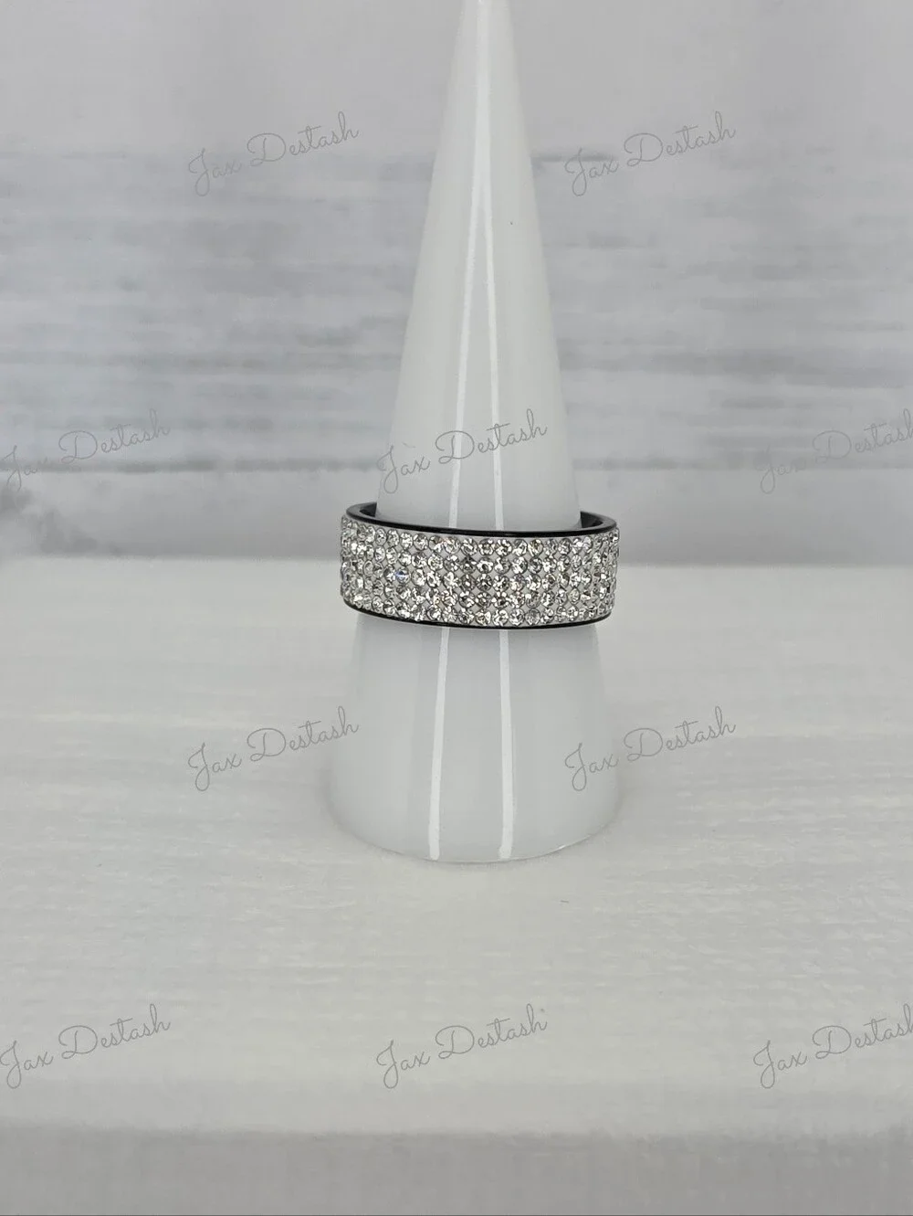 Stainless Steel Crystal Pavé Silver-Tone Wide Band Ring